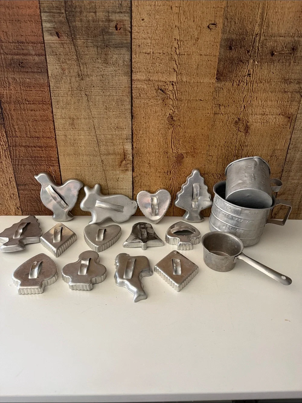 Vintage Aluminum Cookie Cutters and Measuring Cups Set